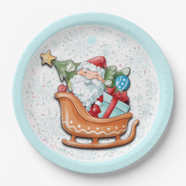 Prato De Papel Árvore de Natal Santa Claus Flocos de Neve Azuis (Frente)