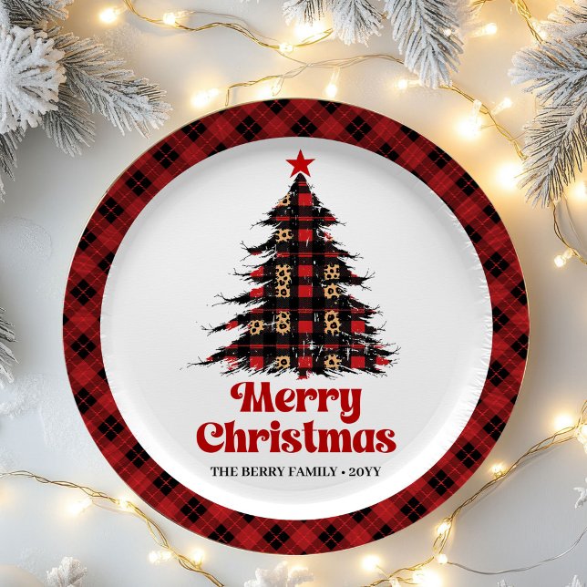 Prato De Papel Árvore de Natal Xadrez Abstrata Personalizada em P (Abstract Plaid Tree Holiday Custom Name Paper Plates)