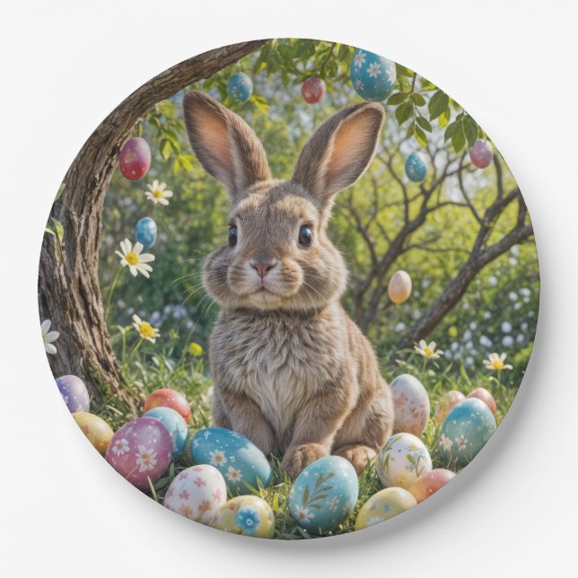 Prato De Papel Árvore De Ovo De Páscoa Com Coelho (Frente)