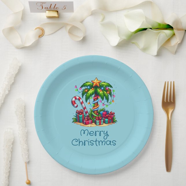 Prato De Papel Árvore Tropical de Palma Feliz Natal (Casamento)