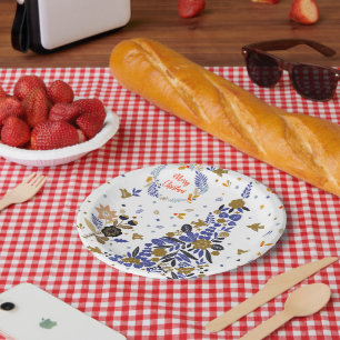 Prato De Papel Árvore Vintage Blue Christmas Bird Flowers