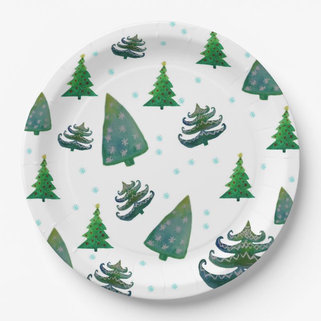 Prato De Papel Árvores de Natal - Arte de Aquarela (Frente)