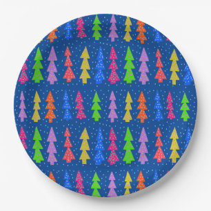 Prato De Papel Árvores de Natal Coloridas em Azul