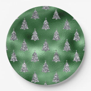 Prato De Papel Árvores de Natal Elegantes Verde e Prata Falsa