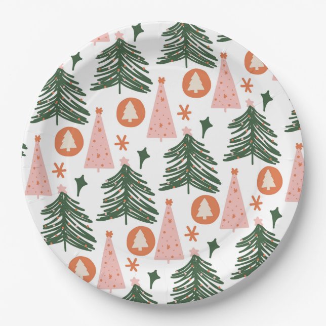 Prato De Papel Árvores de Natal Laranja Boho Verde Rosa (Frente)