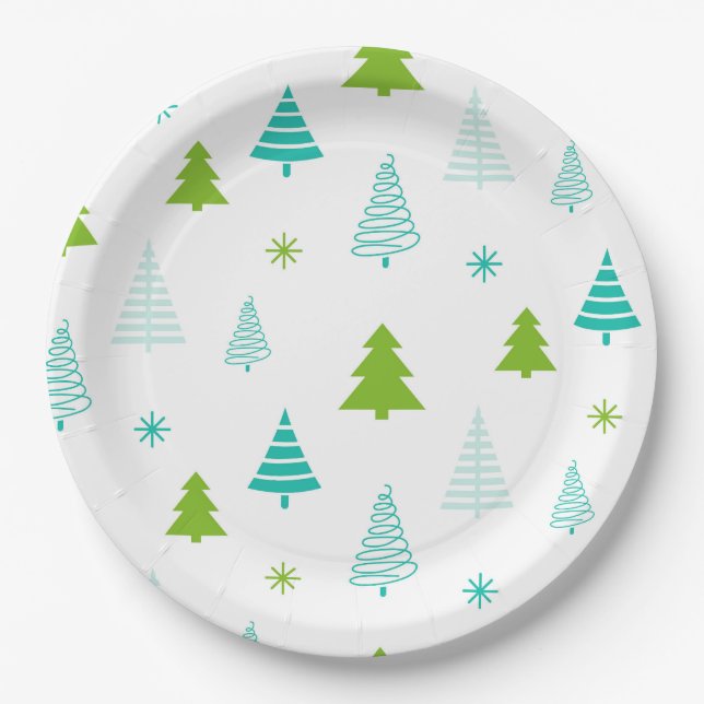 Prato De Papel Árvores de Natal Simples Modernas em Verde e Azul  (Frente)