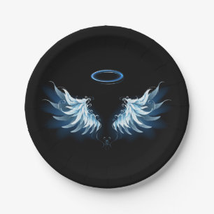 Prato De Papel Asas Anjos Azuis Brilhantes em fundo preto