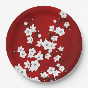 Prato De Papel Asia Floral White Chersom Red