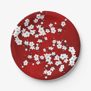 Prato De Papel Asia Floral White Chersom Red