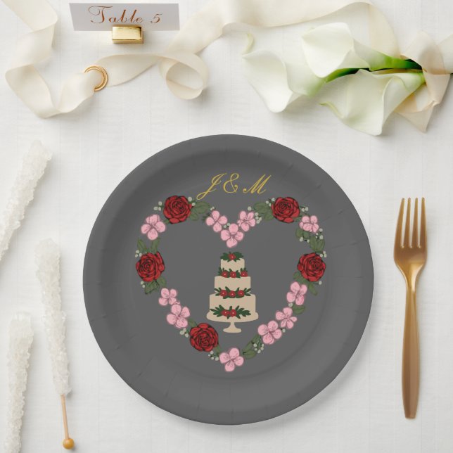 Prato De Papel Assiette décorative grise pour gâteau avec cœur (Casamento)