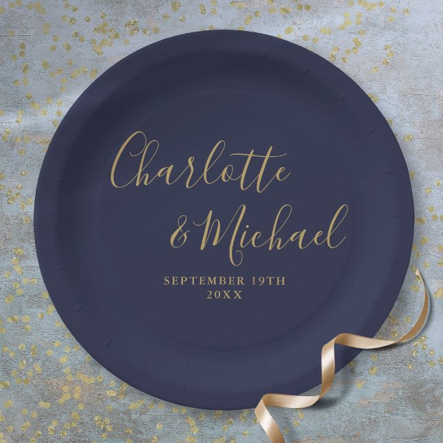 Prato De Papel Assinatura Elegante Script Casamento Azul Navy Dou (Elegant Signature Script Navy Blue Gold Wedding Paper Plates)