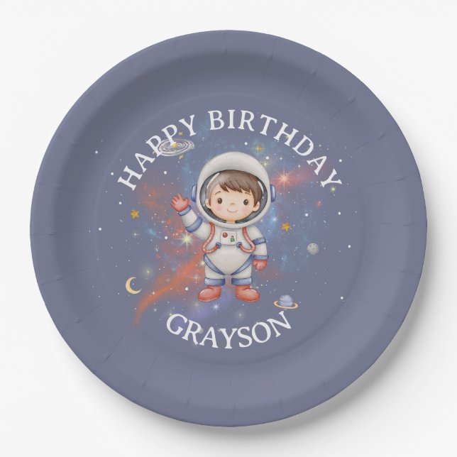 Prato De Papel Astronaut Outer Space Boy Birthday (Frente)