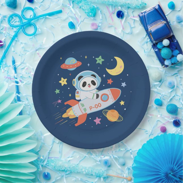 Prato De Papel Astronauta azul e laranja Panda (Festa)