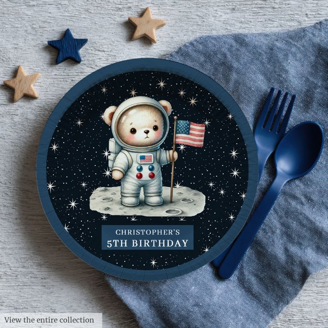 Prato De Papel Astronauta Bear Plate de Aniversário para Menino (Astronaut Bear Birthday Plate for Little Boy)