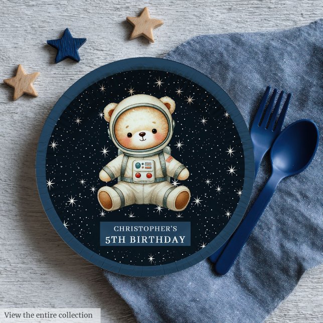 Prato De Papel Astronauta Bebê Bebê Placa de Papel de Nascimento (Teddy Bear Astronaut Baby Boy Birthday Paper Plates)