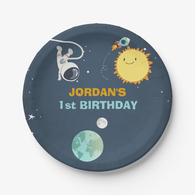 Prato De Papel Astronauta de Rocket do aniversário das placas de (Frente)