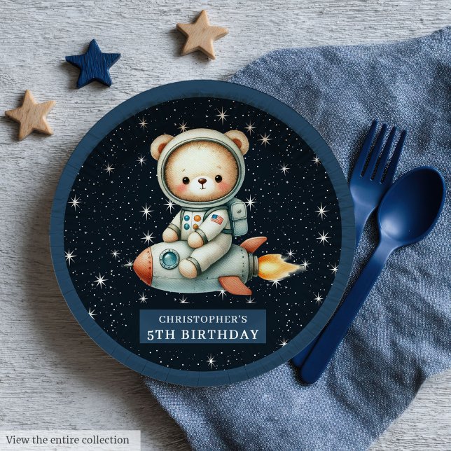Prato De Papel Astronauta do Bear Bebê Personalizado (Teddy Bear Astronaut Baby Boy Birthday Custom Paper Plates)