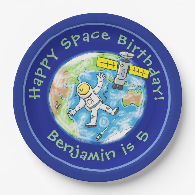 Prato De Papel Astronauta engraçado com desenho de satélite sobre (Frente)