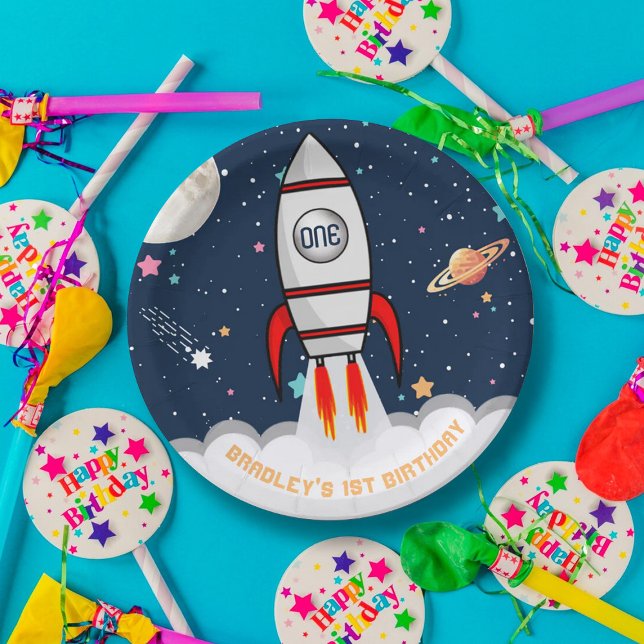 Prato De Papel Astronauta Rocket Outer Space primeiro aniversario (Criador carregado)