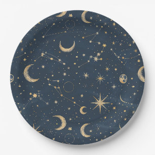 Prato De Papel Astronomia Vintage Navy Marfim Lua Constelação