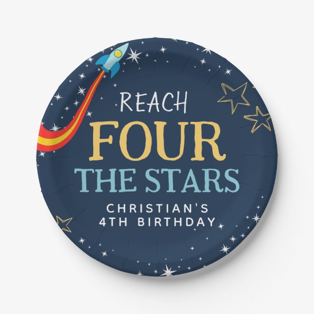 Prato De Papel Atingir Quatro Estrelas no Espaço Aniversário (Frente)