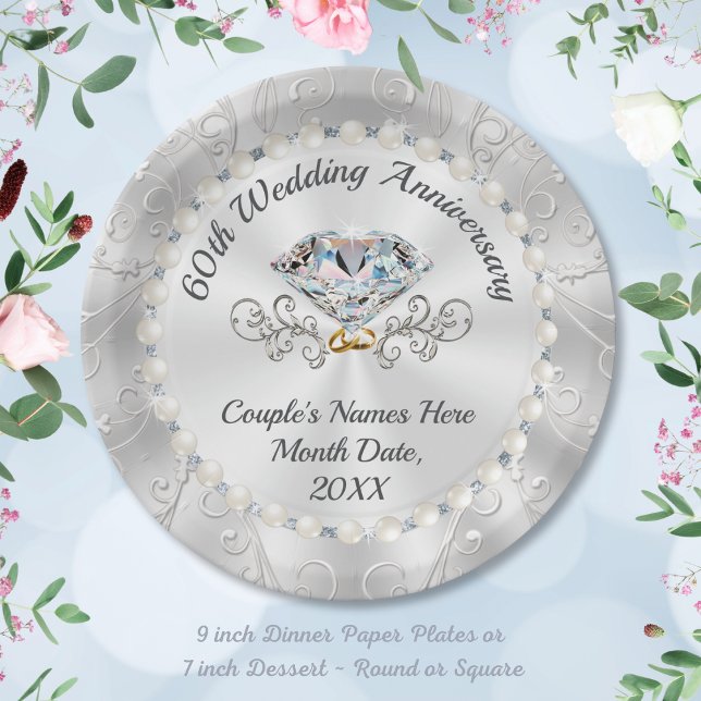 Prato De Papel Atordoamento, Chapas de Papel Diamante, PERSONALIZ (60th anniversary plates. Gorgeous and Elegant, diamond anniversary paper plates. 60 year anniversary)