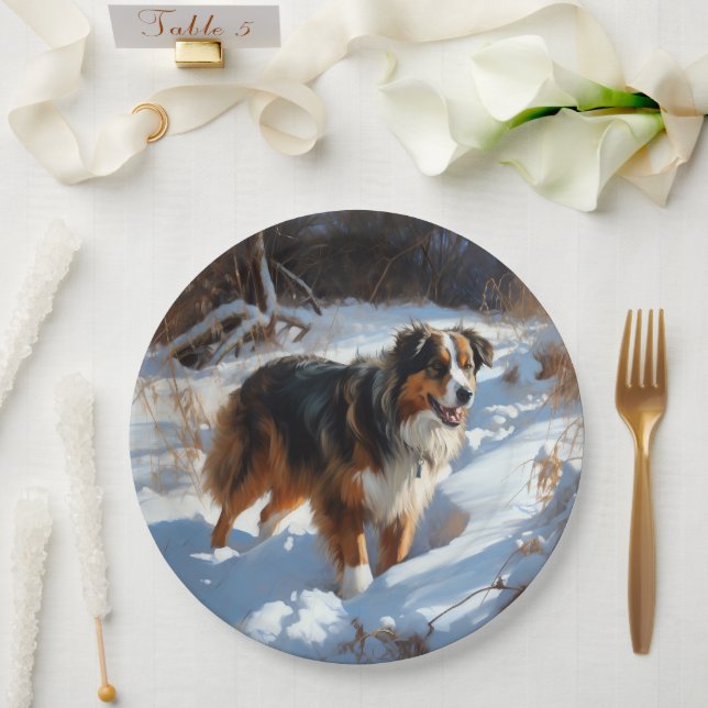 Prato De Papel Australian Shepherd Deixe Cair a Neve Natal (Casamento)