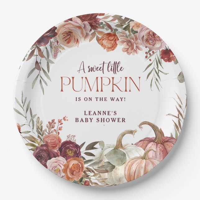 Prato De Papel Autumn Blooms 'a little pumpkin' Baby Shower (Frente)