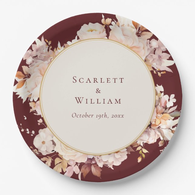 Prato De Papel Autumn Floral Burgundy Cream Wedding (Frente)