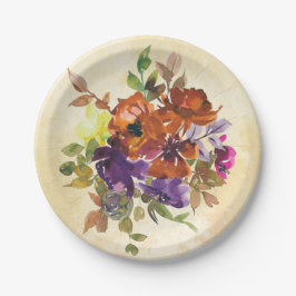 Prato De Papel Autumn Floral Purple Blue Burnt Orange Watercolor