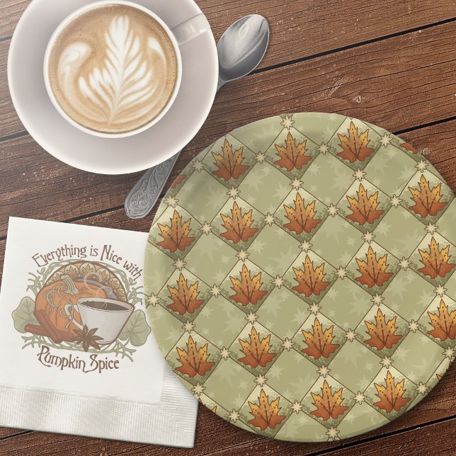 Prato De Papel Autumn Leaves com Padrão de Diamante de Estrelas (Autumn Leaves with Stars Diamond Pattern Paper Plates-With Coordinating Pumpkin Spice Paper Napkins.)