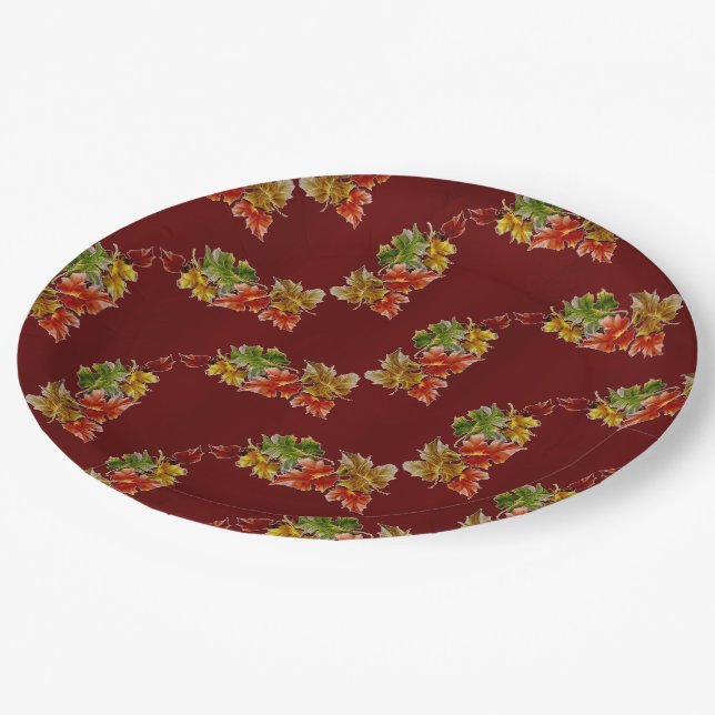 Prato De Papel Autumn Leaves Padrões de Papel Vermelho Borgonha (Inclinado)
