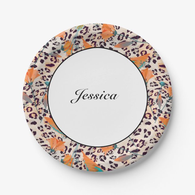 Prato De Papel Ave de Paraíso, pele-leopardo, Coral e turquesa (Frente)