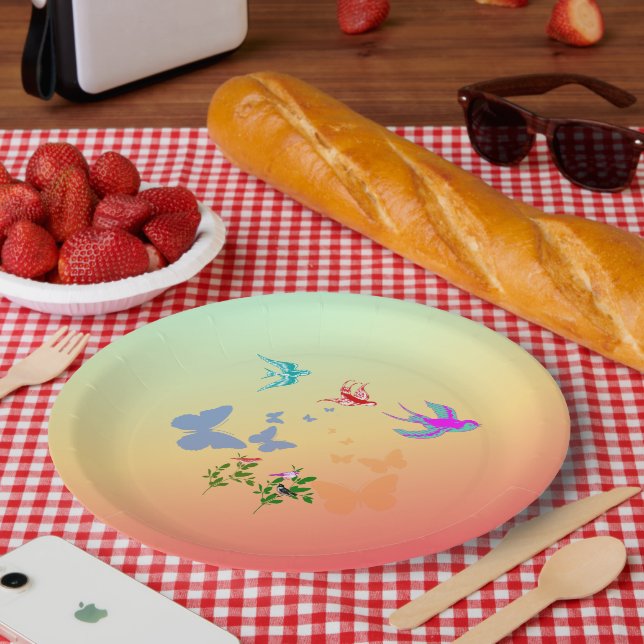 Prato De Papel Aves Borboletas Flores na Natureza (Piquenique)