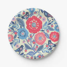 Prato De Papel Aves De Arte Folhosas Morangos E Flores