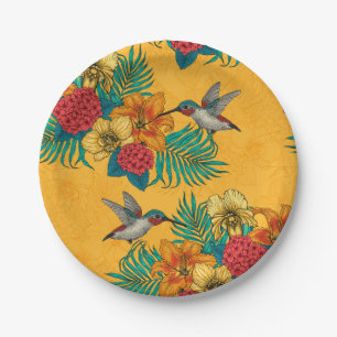 Prato De Papel Aves e buquês tropicais em amarelo