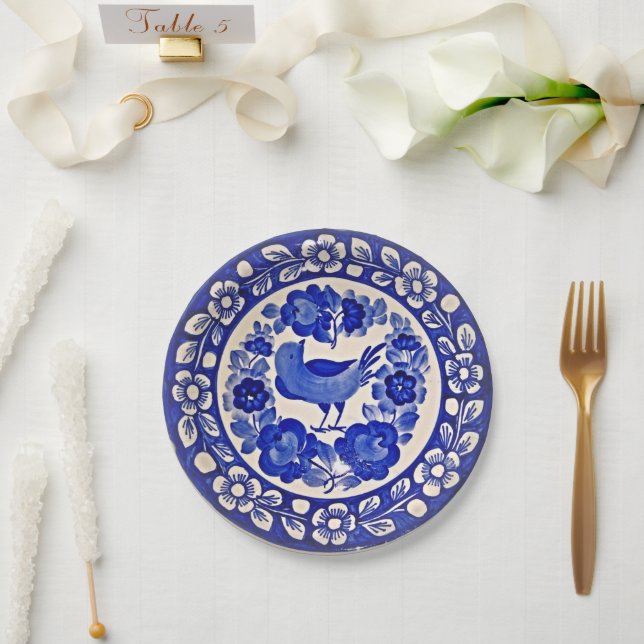 Prato De Papel Aves e Flores de Padrão Azul Delft Pintadas à Mão (Casamento)