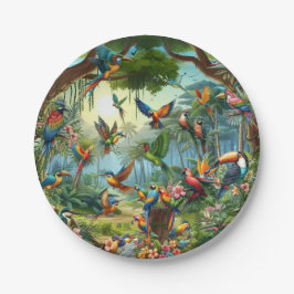 Prato De Papel Aves tropicais coloridas entre plantas vibrantes e