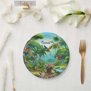 Prato De Papel Aves tropicais coloridas entre plantas vibrantes e