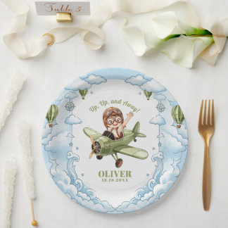 Prato De Papel Avião Biplano Vintage Menino 1º Aniversário Voando