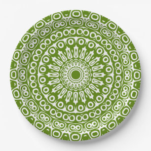 Prato De Papel Avocado Green sobre Mandala Branco Caleidoscópio