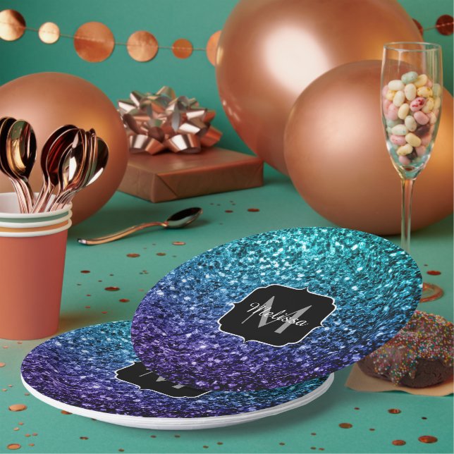 Prato De Papel Azul Aqua Ombre faux glitter farelos Monograma (Múltiplo)