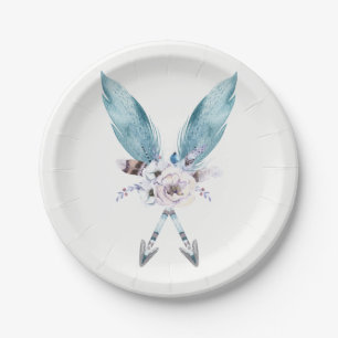 Prato De Papel Azul Boho Boêmio Flechas Pena Floral Festa