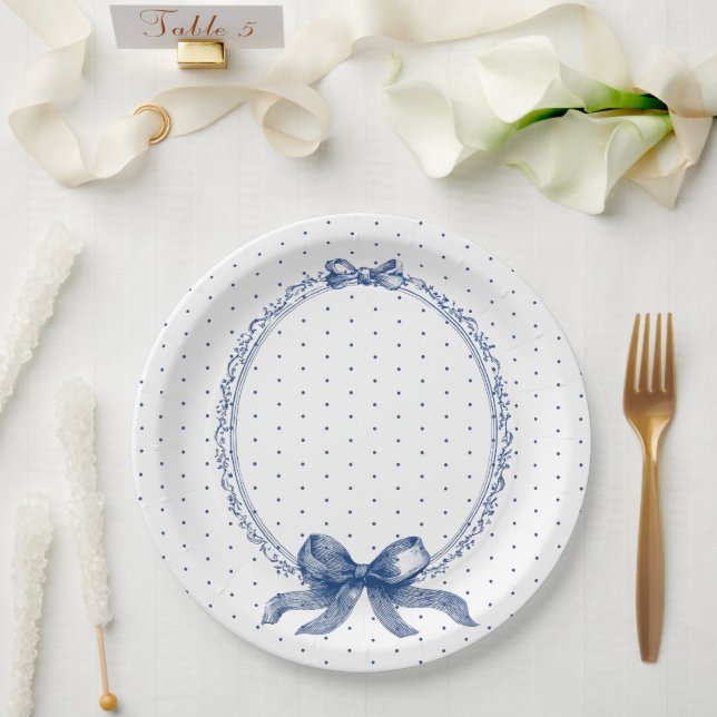 Prato De Papel Azul Branco Bolinhas Vintage Elegante  (Casamento)