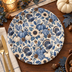 Prato De Papel Azul Branco Chinoiserie Floral de Ação de Graças P