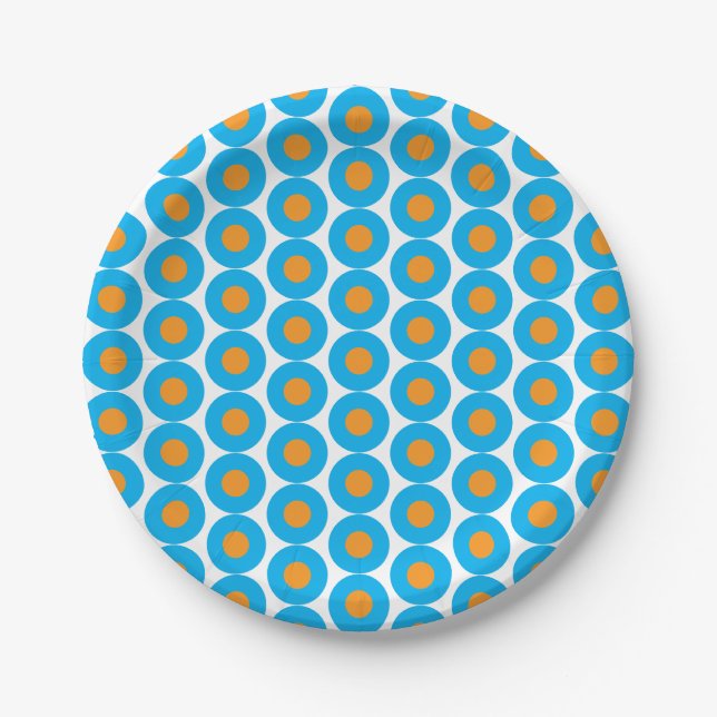 Prato De Papel Azul Brilhante Bolinhas Laranja Moderna Funky (Frente)
