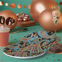 Azul Celeste e Laranja de Outono Paisley Vintage