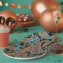 Prato De Papel Azul Celeste e Laranja de Outono Paisley Vintage