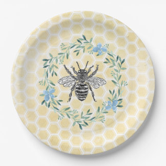 Prato De Papel Azul chá de fraldas amarelo decor abelha abelha fl