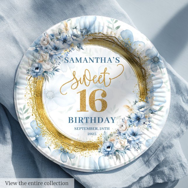 Prato De Papel Azul-claro personalizado Doce 16 Glitter Dourado (Personalized Light Blue Sweet Sixteen Gold Glitter Paper Plates)